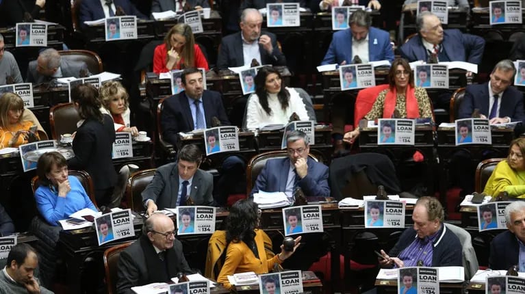 Carteles de Loan Danilo Peña pegados en las bancas de diputados, en la sesión por la Ley Bases y el paquete fiscal. (Foto: NA - Daniel Vides)