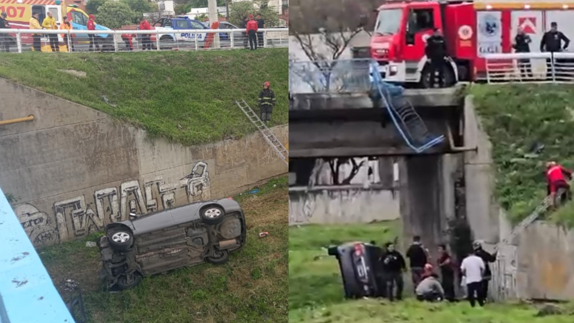 Impactante accidente en Córdoba: una mujer despistó y cayó con su auto desde un puente