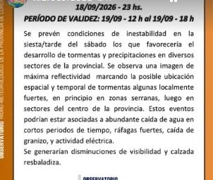 Alerta por tormentas en Córdoba
