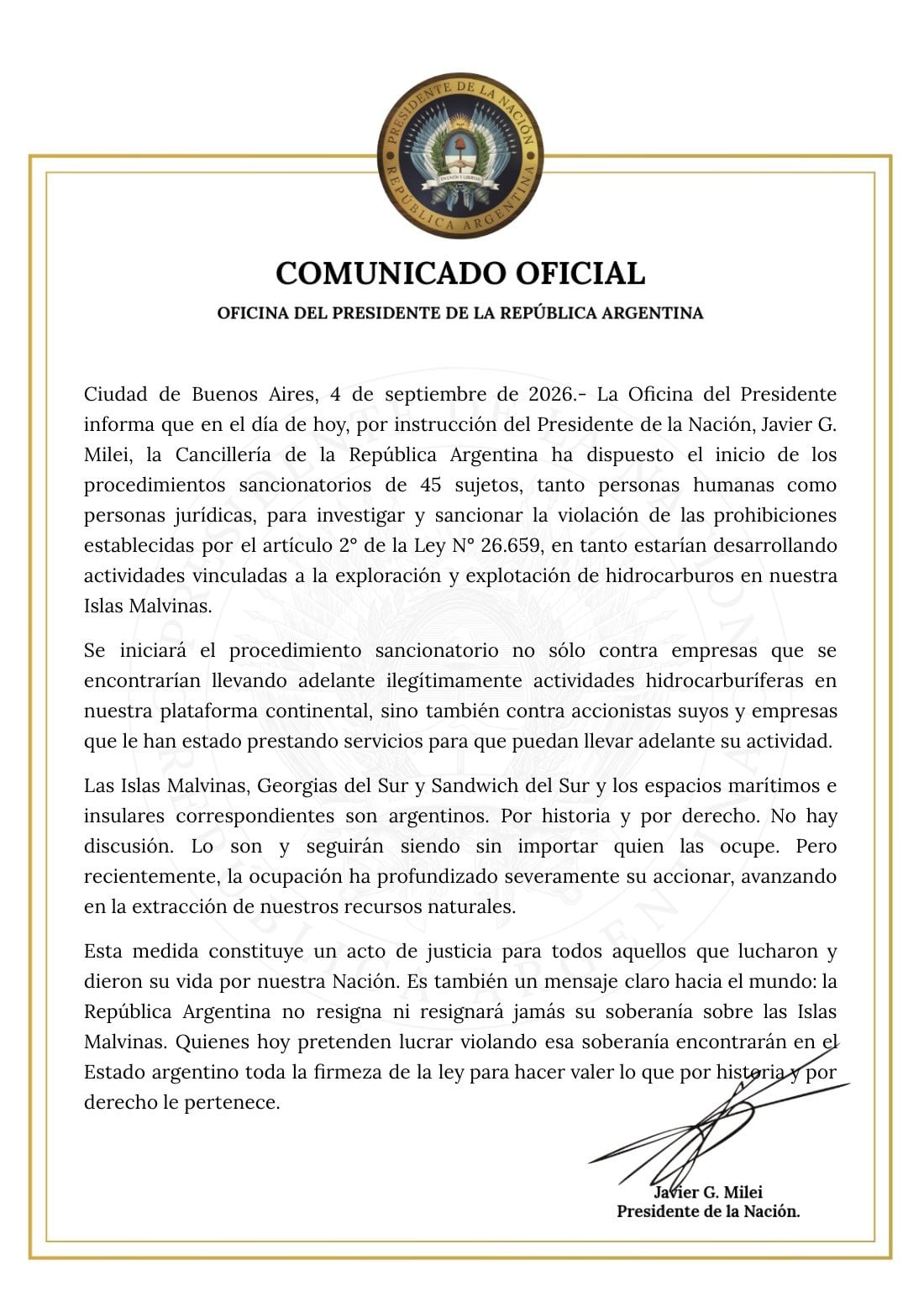 El comunicado de la Oficina del Presidente.