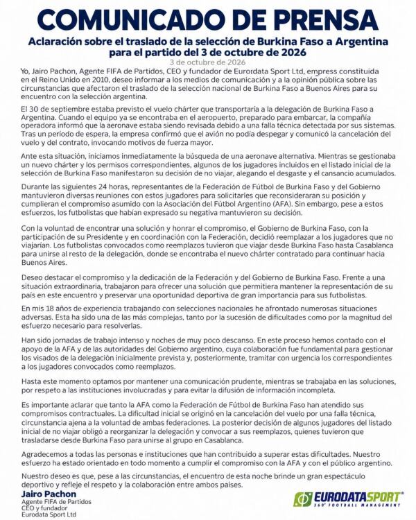 El Comunicado de Prensa que compartió la cuenta oficial de AFA.