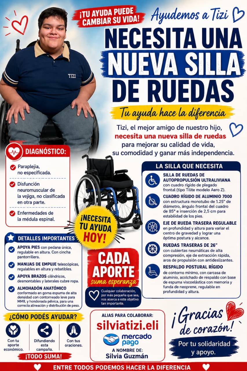 Tiziano necesita una silla de ruedas adaptada para su vida diaria.