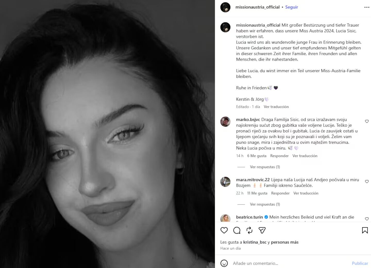 Uno de los mensajes que había dejadop Miss Austria en sus redes sociales