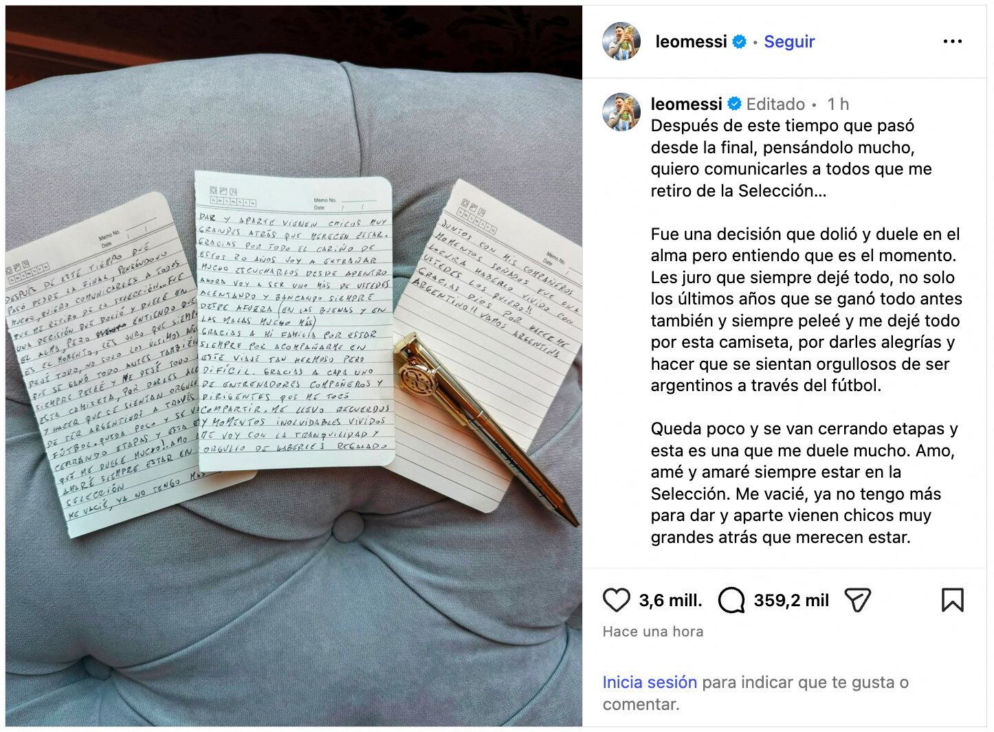 El posteo con el que Messi anunció su retiro. 