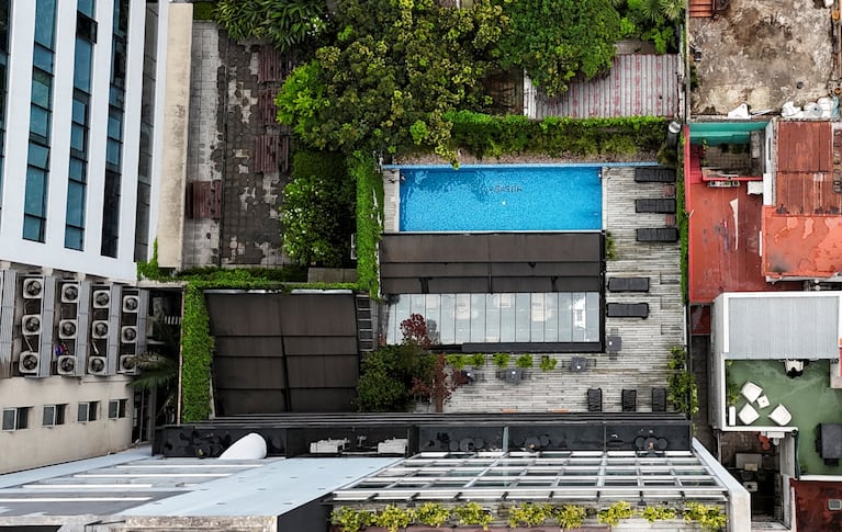 A drone view shows part of the hotel where Liam Payne, former One Direction band member, was found dead after he fell from a third-floor hotel room balcony, in Buenos Aires, Argentina, October 17, 2024. REUTERS/Agustin Marcarian