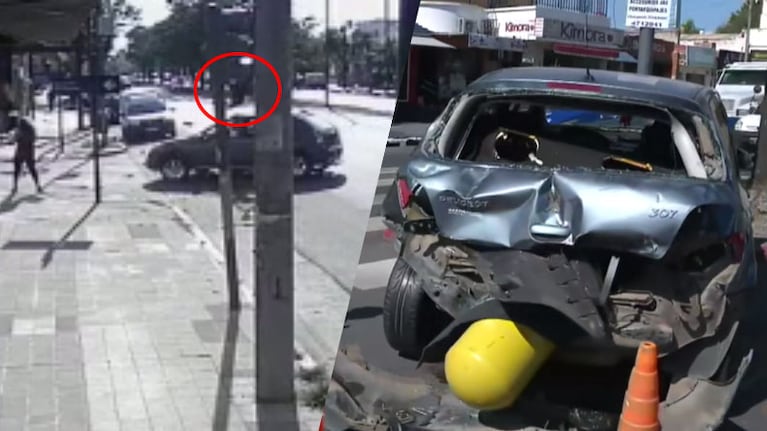A la izquierda el momento del impacto del motociclista. A la derecha, cómo quedó el auto chocado por el trole.