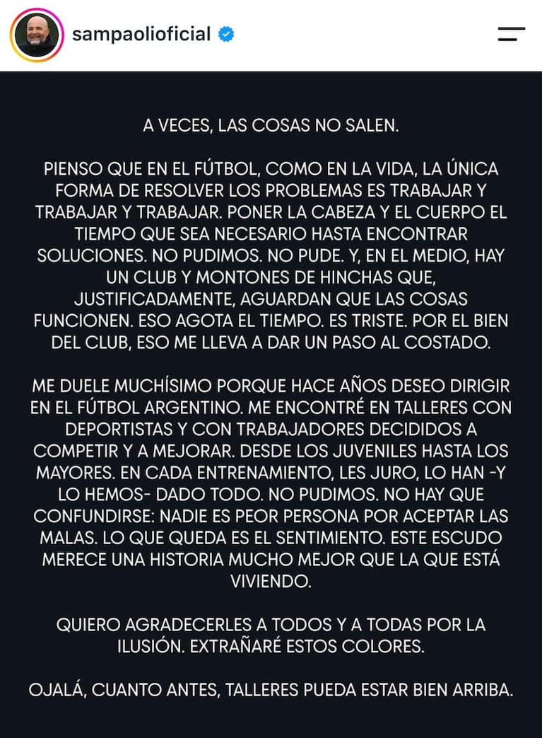 “A veces las cosas no salen”: el mensaje de Sampaoli tras su salida como DT de Talleres 