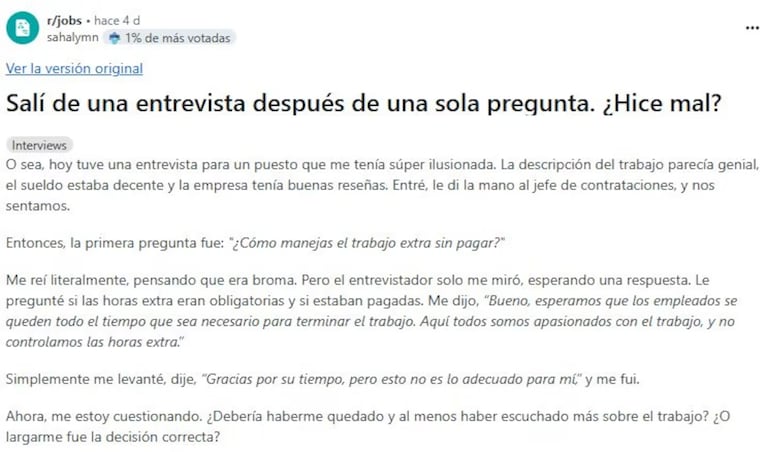 Abandonó una entrevista de trabajo tras escuchar la primera pregunta: “¿Hice mal?”  