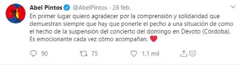 Abel Pintos canceló el show en Devoto por el brote de dengue