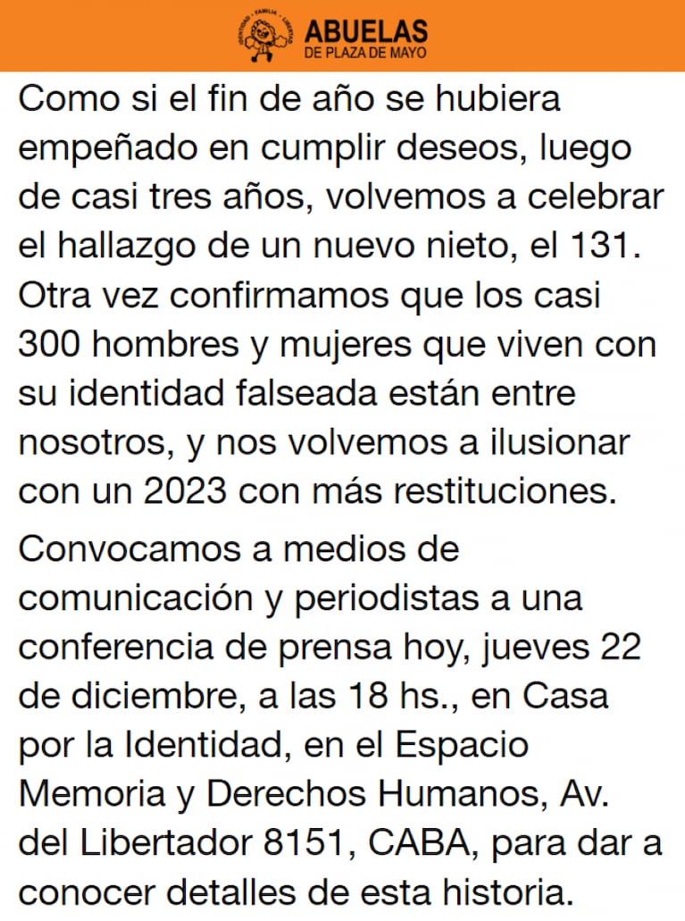 Abuelas de Plaza de Mayo anunció el hallazgo del nieto 131