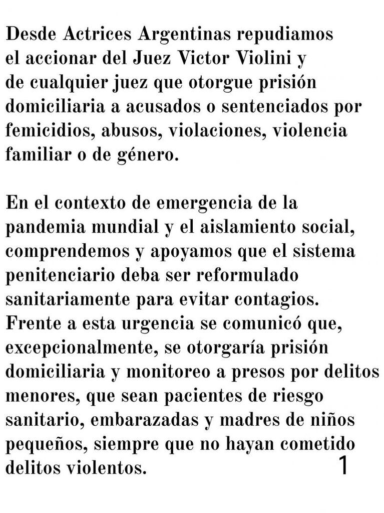 Actrices Argentinas repudió la liberación de presos por delitos de violencia de género