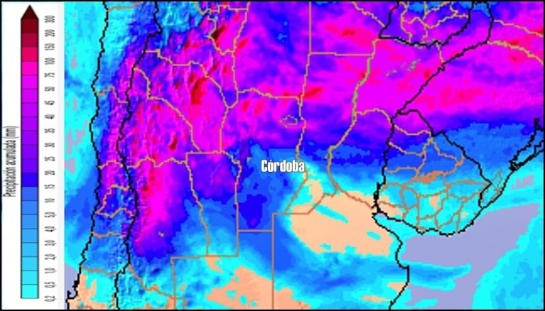 Acumulado de lluvia previsto del lunes 7 al miércoles 9 de octubre.