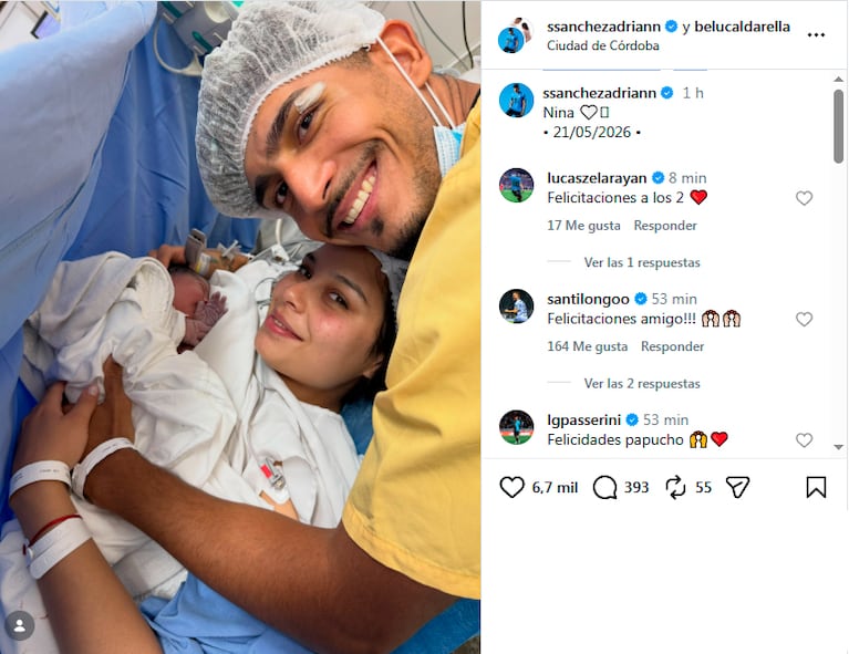 Adrián Sánchez faltó al entrenamiento de Belgrano por el nacimiento de su beba: su posteo lleno de amor