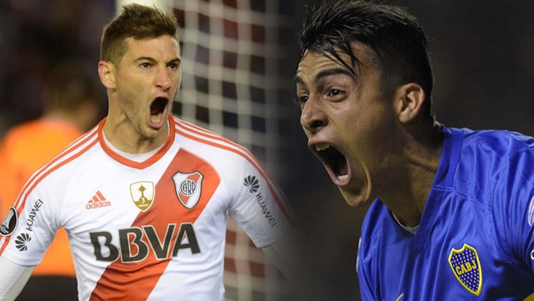 Alario y Pavón gritando goles con River y Boca. 