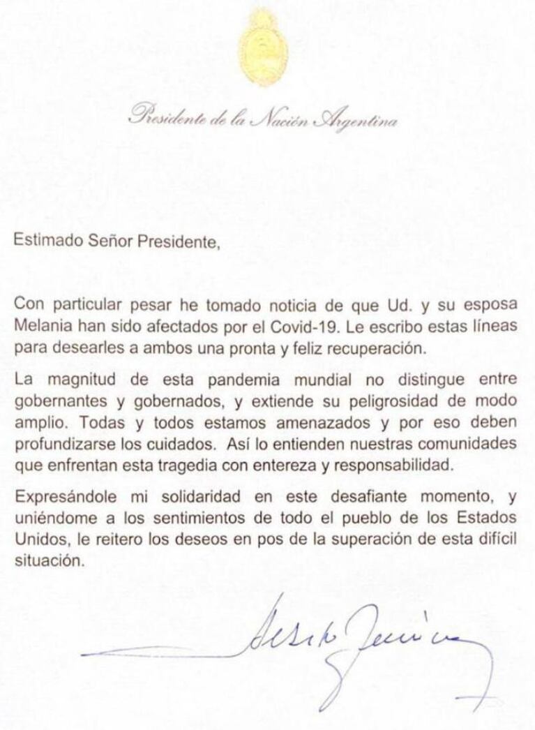 Alberto Fernández a Donald Trump: "La pandemia no distingue entre gobernantes y gobernados"