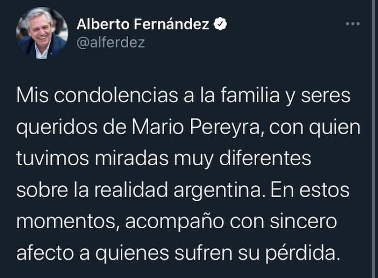 Alberto Fernández envió condolencias a la familia de Mario Pereyra