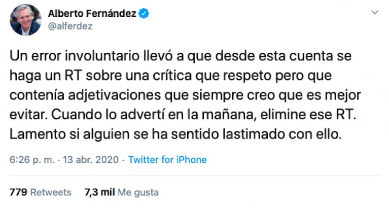 Alberto Fernández pidió perdón tras compartir en Twitter un insulto hacia un periodista