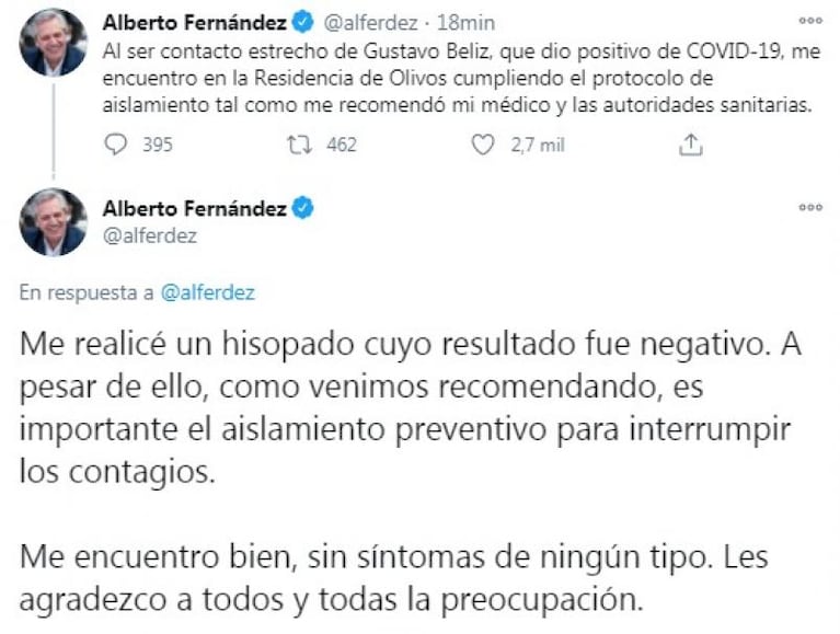 Alberto Fernández, tras dar negativo de coronavirus: "Es importante el aislamiento preventivo"
