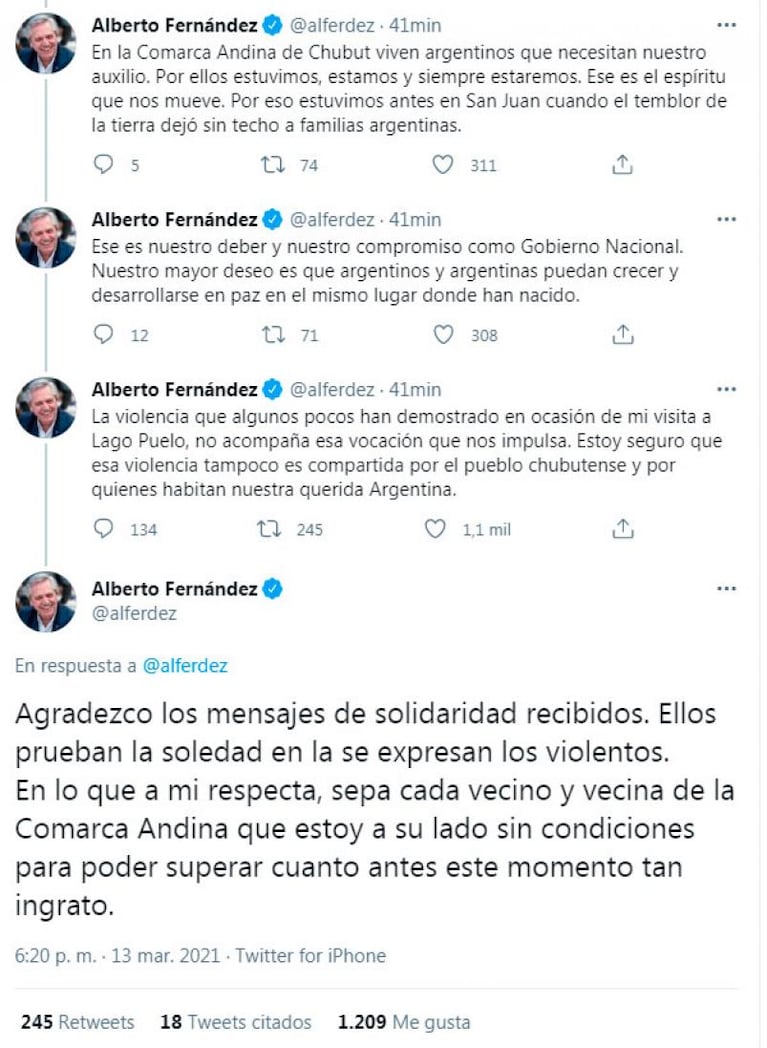 Alberto Fernandez tras el ataque: "Estoy seguro que el pueblo de Chubut no comparte la violencia”