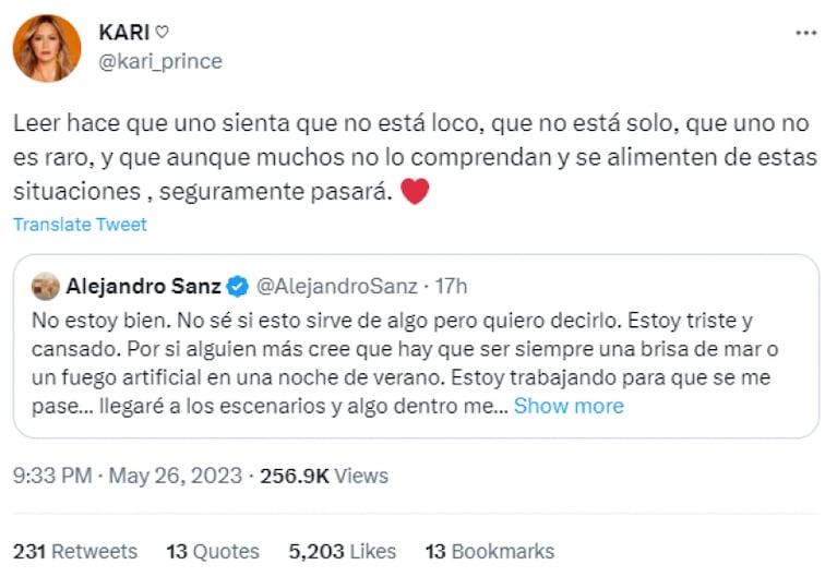 Alejandro Sanz alarmó con un mensaje y Karina La Princesita le brindó su apoyo