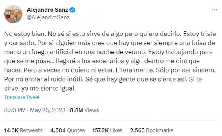 Alejandro Sanz alarmó con un mensaje y Karina La Princesita le brindó su apoyo