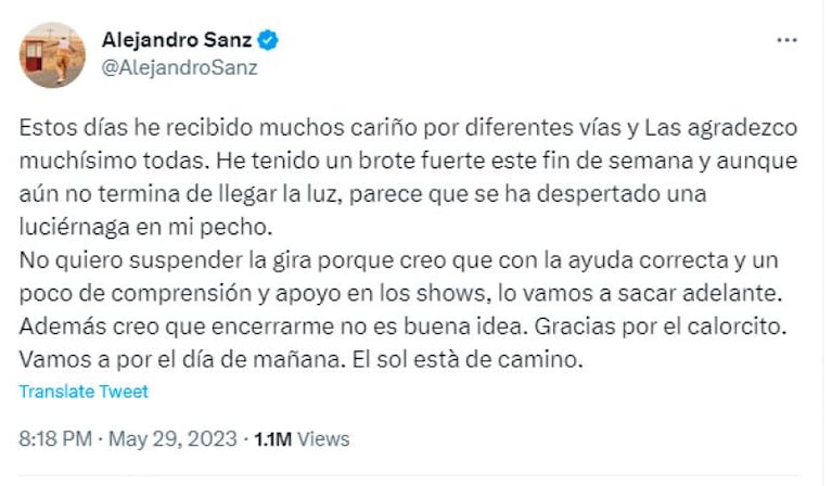 Alejandro Sanz reveló cuál es su estado tras el inquietante mensaje