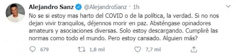 Alejandro Sanz y el coronavirus: "Si no nos dejan vivir tranquilos, dejennos morir en paz"