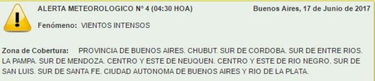 Alerta por fuertes vientos en Córdoba