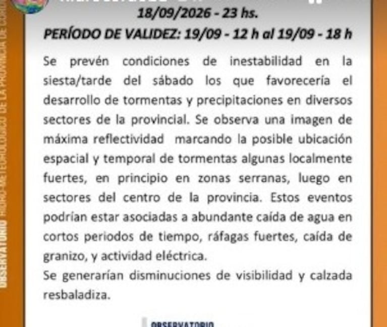 Alerta por tormentas en Córdoba
