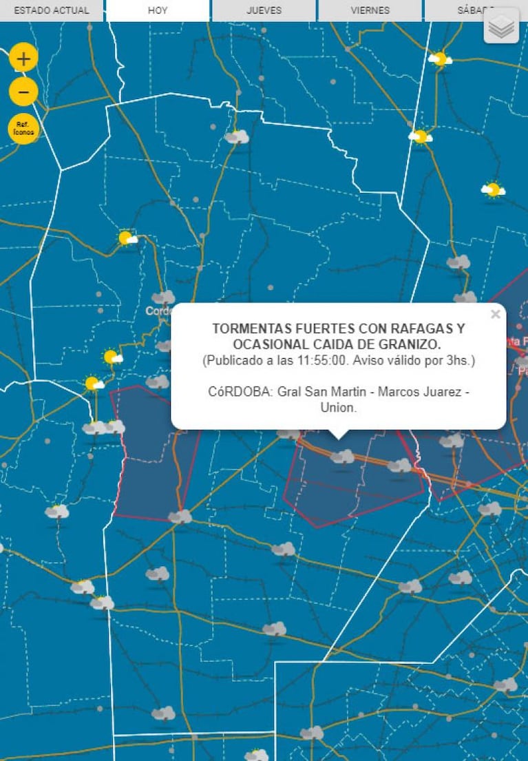 Alerta por tormentas fuertes y granizo para el centro y este de Córdoba
