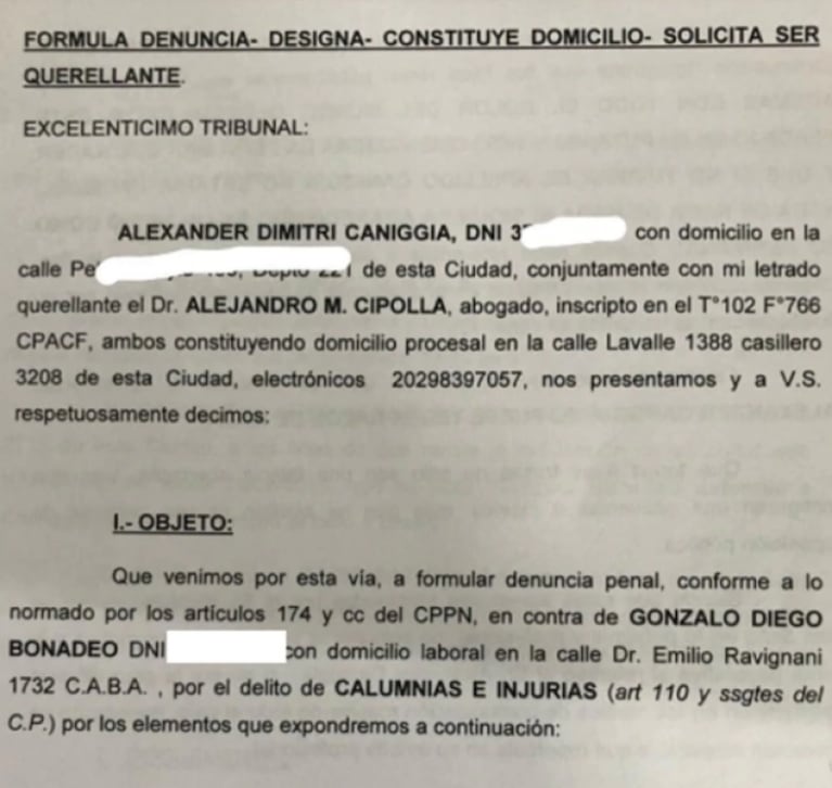 Alex Caniggia denunció a Gonzalo Bonadeo por haberlo insultado