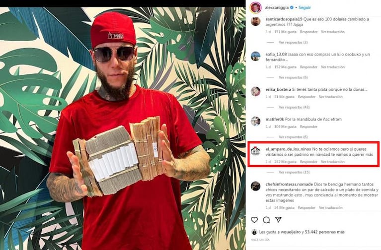 Alex Caniggia mostró un fajo de billetes y un merendero sorprendió con una propuesta