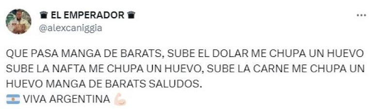 Alex Caniggia se burló de la inflación y volvió a apoyar a Javier Milei