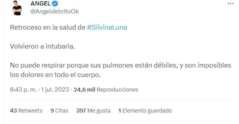 Ángel De Brito habló sobre el estado delicado de salud de Silvina Luna (Twitter)