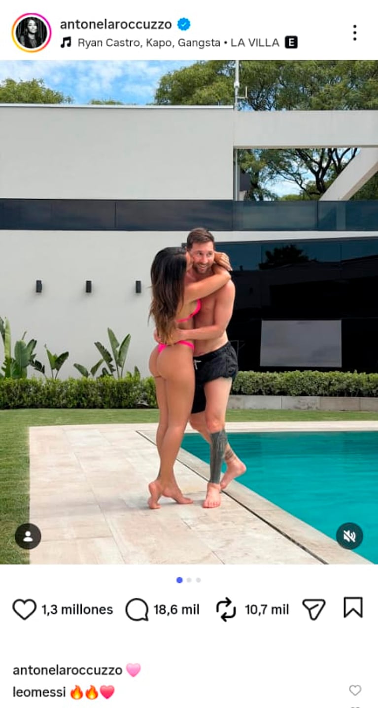 Antonela Roccuzzo se mostró en microbikini en la pileta y Messi no pudo evitar piropearla