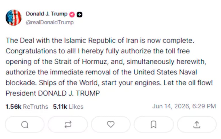 Anuncian acuerdo de paz entre Estados Unidos e Irán: Trump ordenó reabrir el estrecho de Ormuz