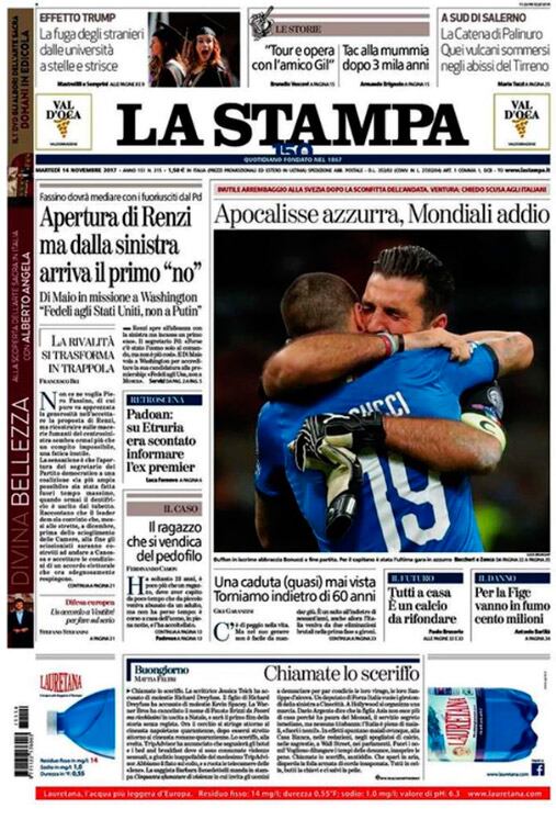 "Apocalipsis azzurra, adiós Mundial", escribe el diario de Turín La Stampa.