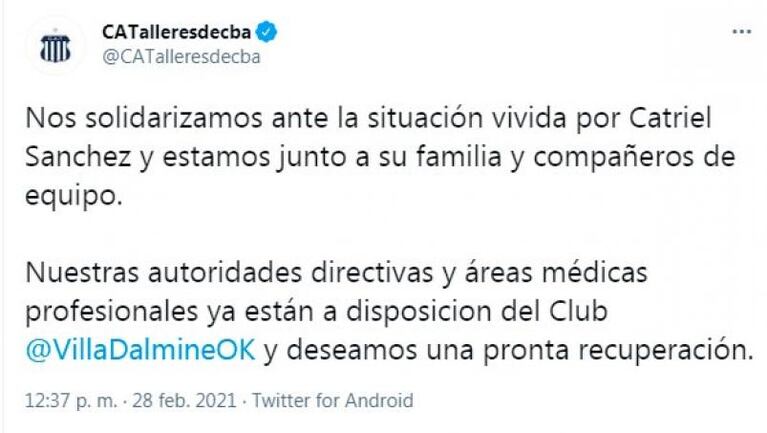 Apuñalaron a Catriel Sánchez, el delantero de Talleres que está a préstamo en Villa Dálmine