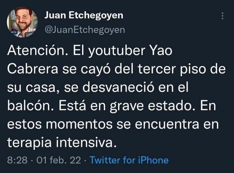 Aseguran que Yao Cabrera se cayó de un tercer piso en Carlos Paz y está grave