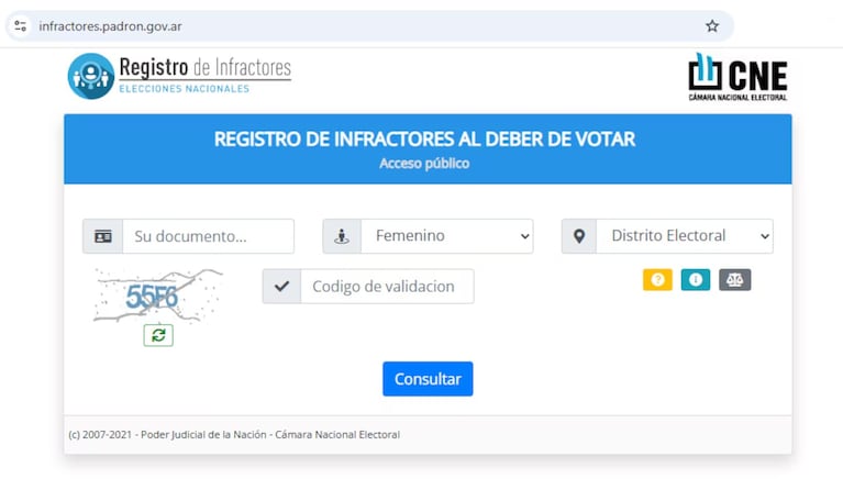 Así es la página oficial de la Cámara Nacional Electoral para verificar las infracciones. (Captura: CNE)