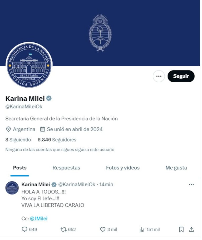 Así luce el perfil de la flamante cuenta de Twitter de Karina Milei.