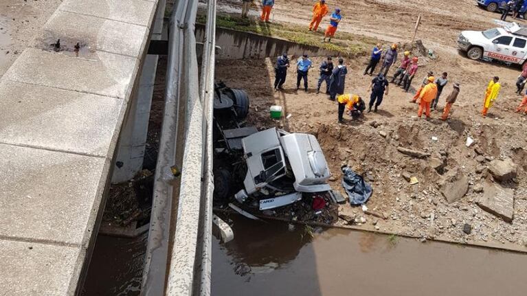 Así quedó el camión tras la caída.