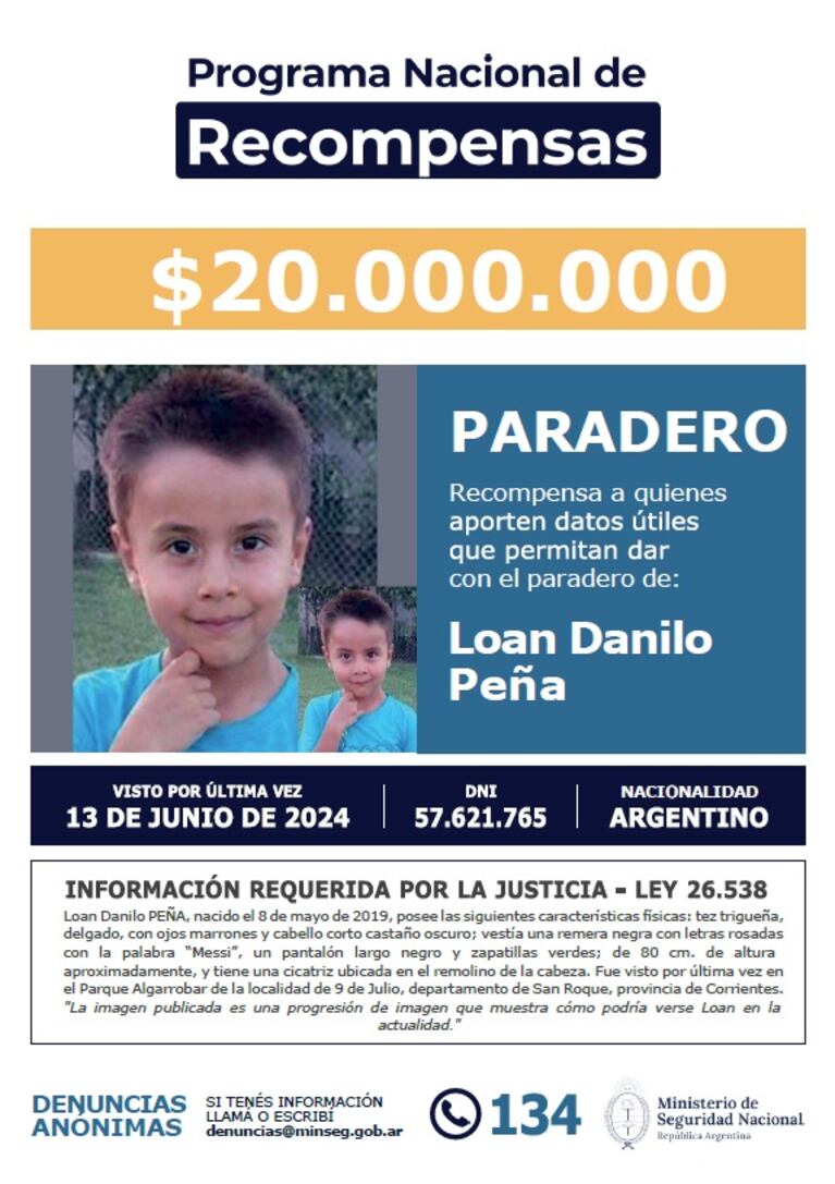 Aumentaron la recompensa de Loan Peña.