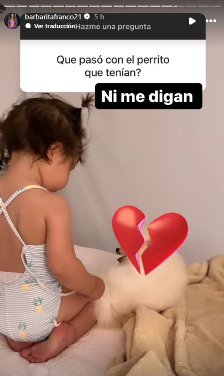 Barby Franco no ocultó su tristeza luego de que Cristian Castro le pidiera a Burlando que le devolviera el perro (Foto: Instagram / barbaritafranco21)