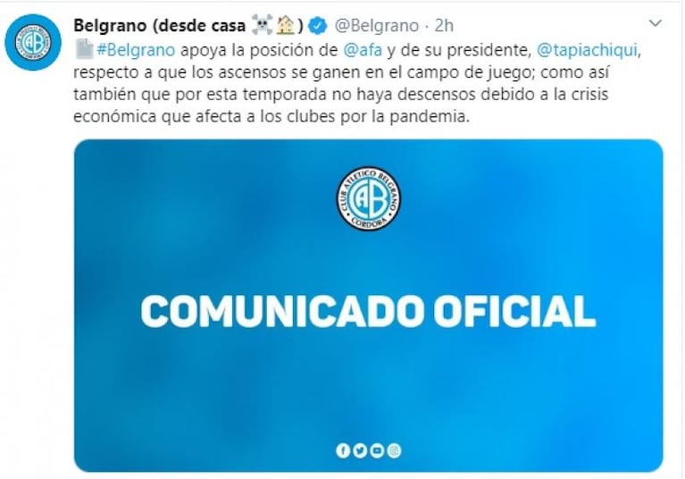 Belgrano, a favor de AFA: “Que los ascensos se ganen en cancha”