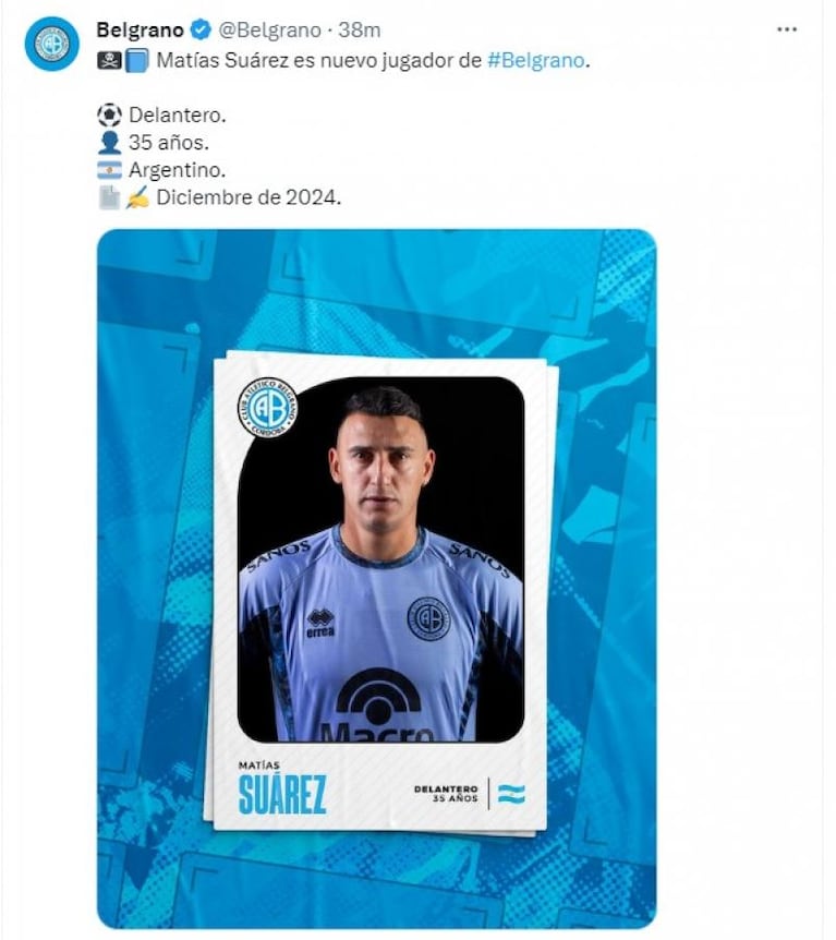 Belgrano presentó a Matías Suárez y sorprendió con el número que usará