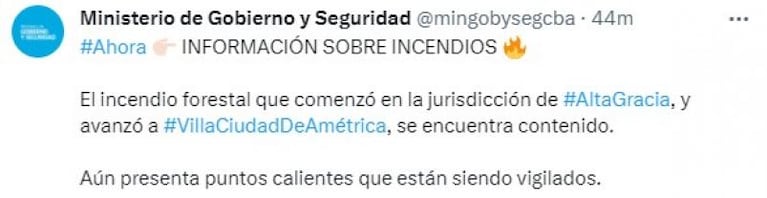 Bomberos controlaron el incendio cerca de Alta Gracia pero vigilan puntos calientes