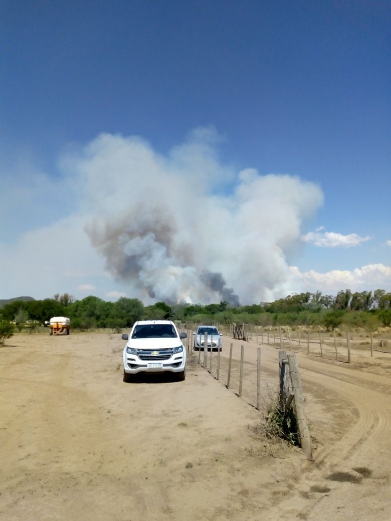 Bomberos de la Provincia y Voluntarios combaten el incendio en Guasapampa.