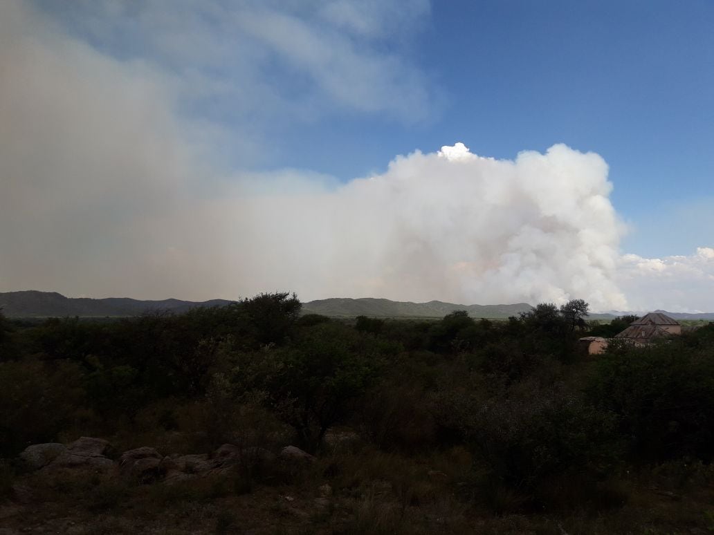 Bomberos de la Provincia y Voluntarios combaten el incendio en Guasapampa.