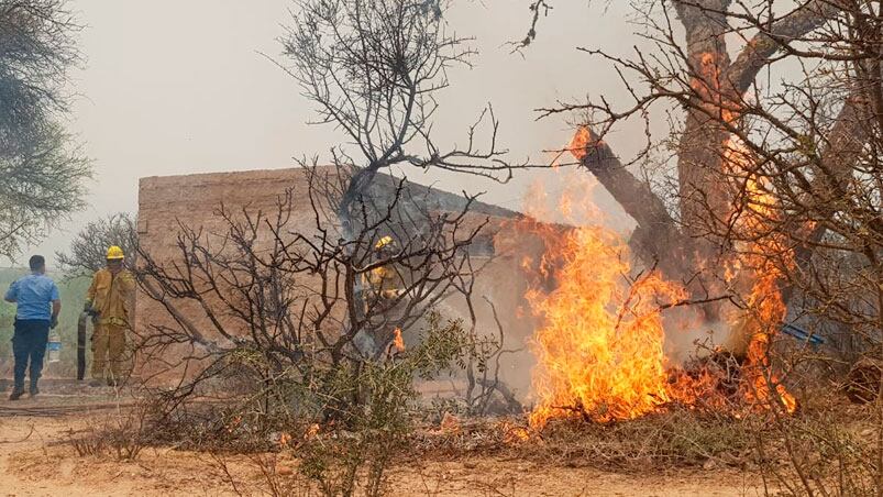 Bomberos y lugareños luchan contra el fuego.